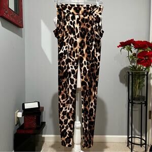 NEW Bebe Leopard Print High Waisted Paper Bag Slim Fit Silky Athleisure Pants XS